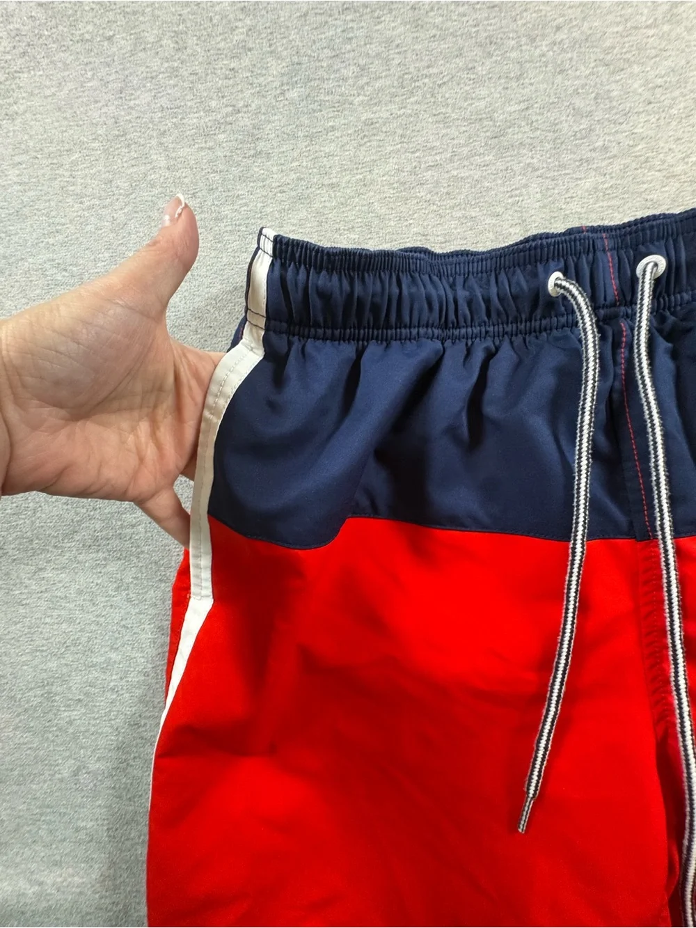Speedo Mens Red White Navy Blue Elastic Waist Drawstring Swim Trunks Shorts Sz M